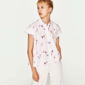 ZARA Flamingo short sleeve button down blouse